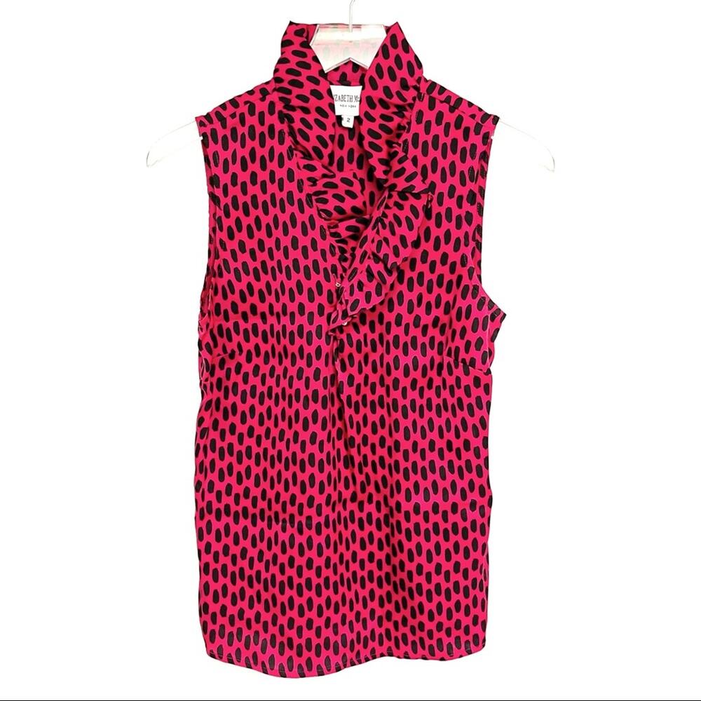 ELIZABETH MCKAY Tank Size 2 Dot Silk Stretch Blend Button Up Blouse Animal Spots